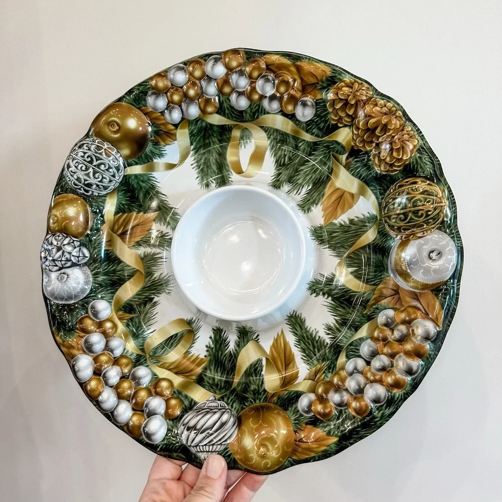VTG Christmas Pine‎ Holiday Serving Platter Chips Snacks Veggies & Dip Tray